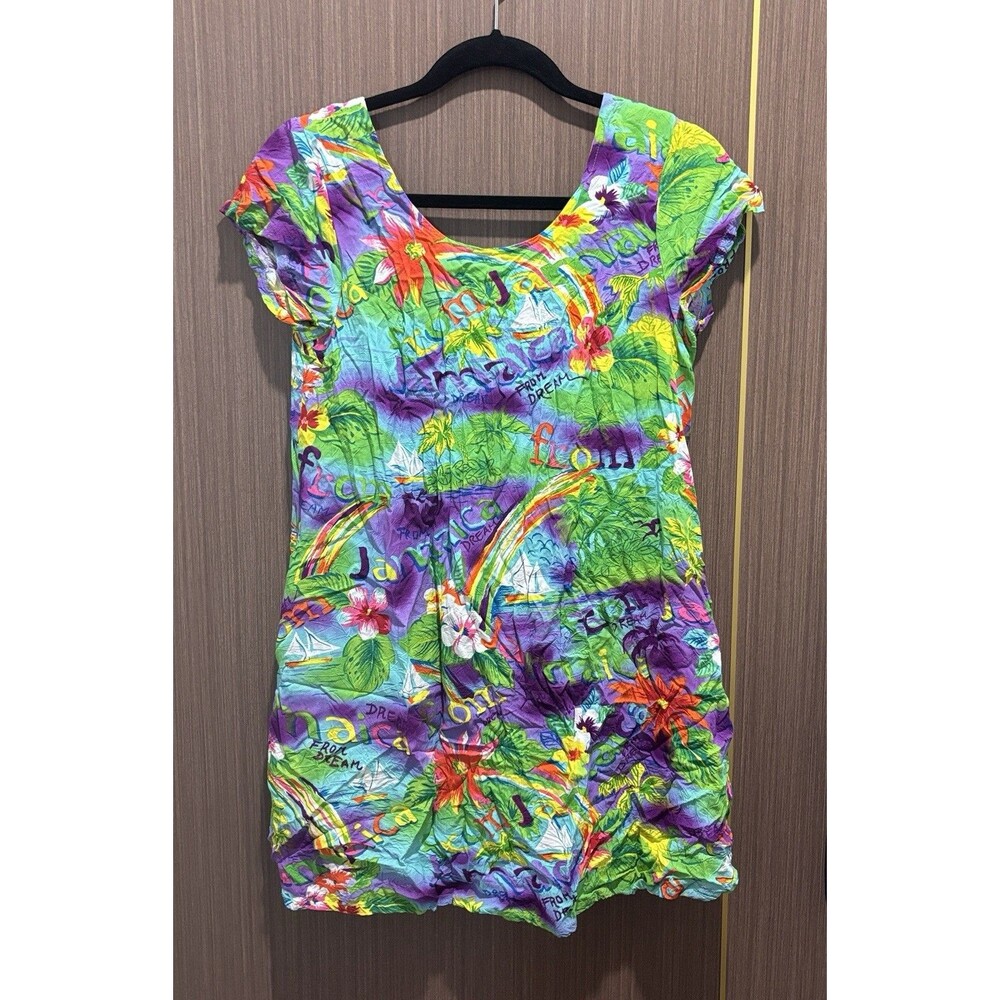 Vintage Jams World Dress Green Mini 90s Pockets Jamaica Print Size Small